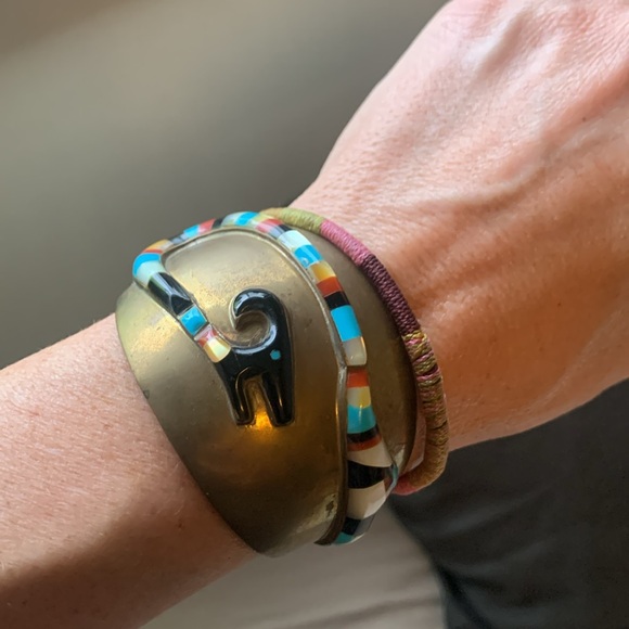 American Vintage Jewelry - Vintage Zuni inlay ram 🐏 copper cuff, turquoise coral mother of pearl & onyx